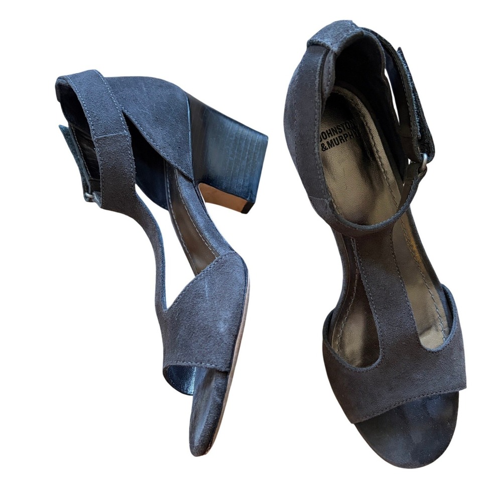 Johnston & Murphy Gray Suede T-Strap Block Heel Sandals Peep Toe Women 7M
